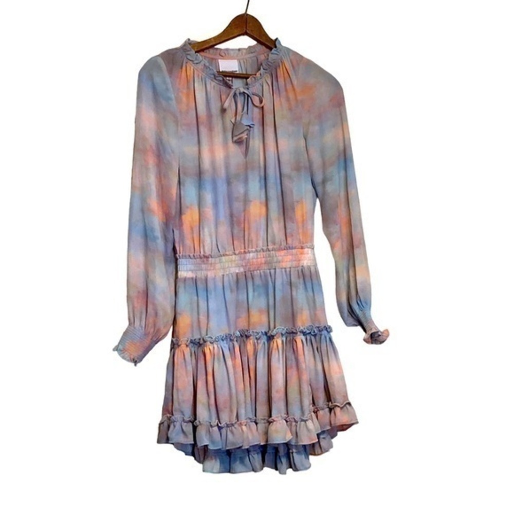 Skylar+Madison Pastel Tye Dye Long Sleeve Smocked Waist HighLow Ruffle Hem Dress